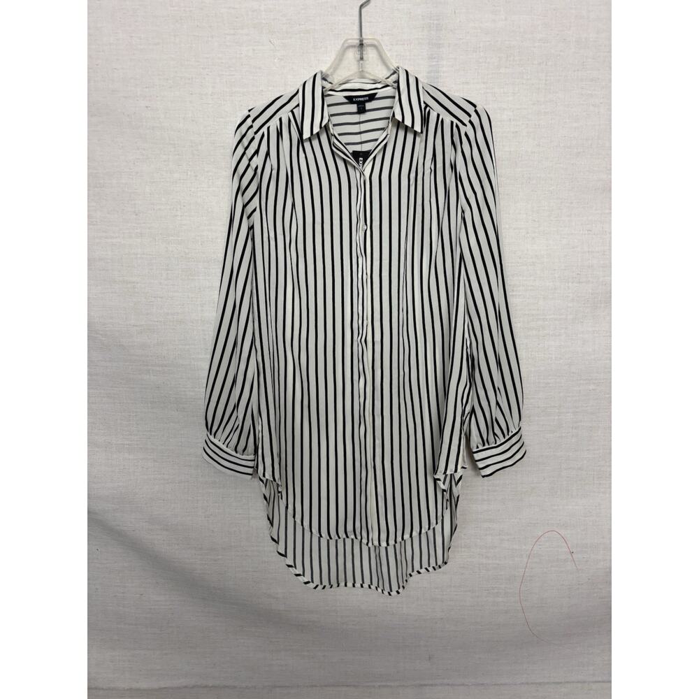 Express Button Up Shirt Small Womens Black White Striped Collar Longline New